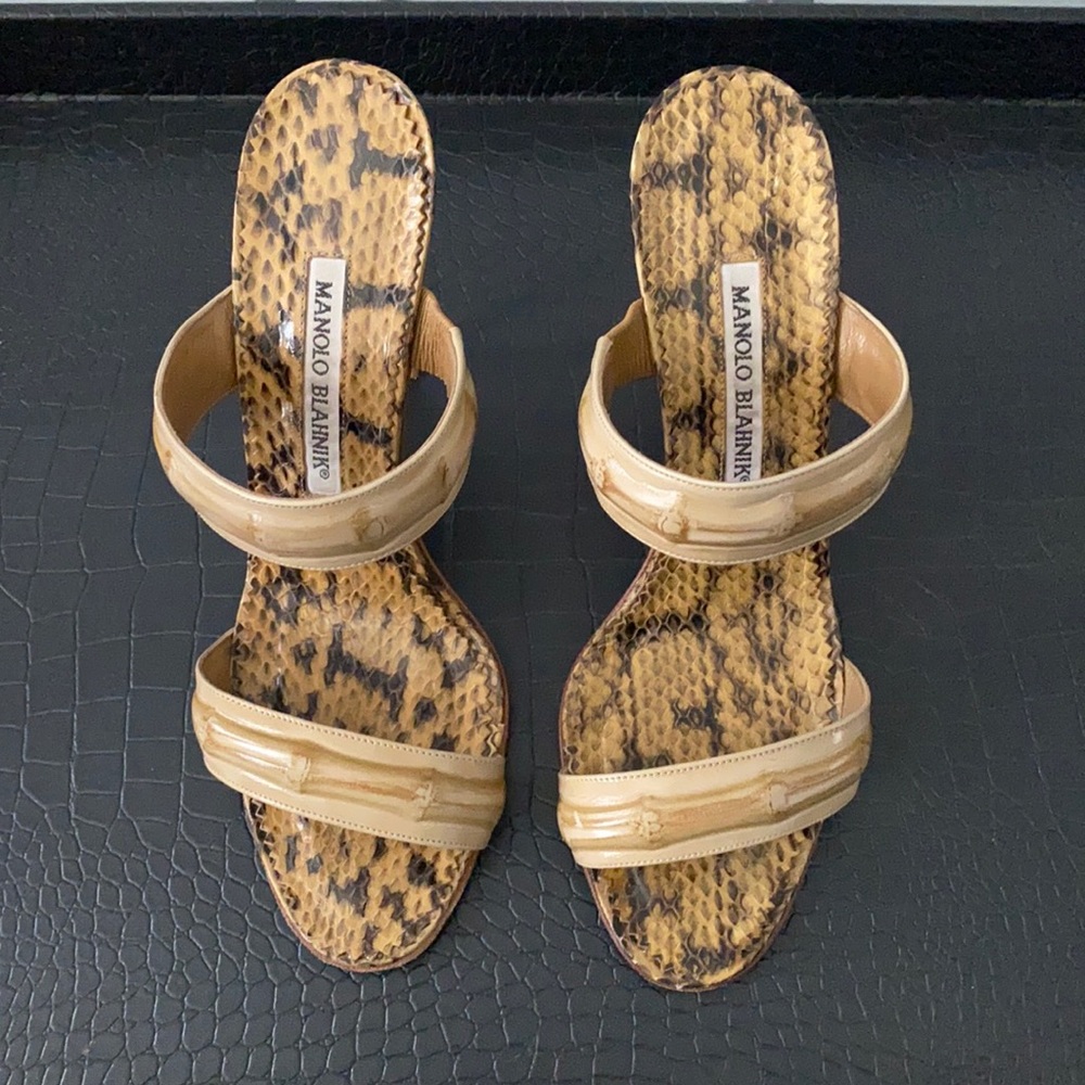 Manila Blahnik Bamboo Strapped Snakeskin Pumps